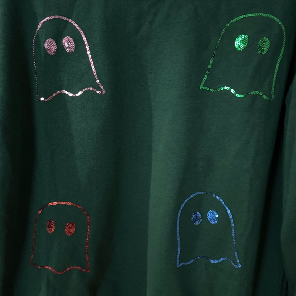 Green Ghost sequin Pattern Sweater size small ove… - image 2